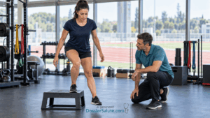 Atleta esegue un esercizio su un gradino mentre un fisioterapista osserva il movimento delle gambe in palestra.
