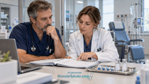 Due professionisti sanitari esaminano una cartella clinica, con capsule e flaconi sul tavolo e una poltrona infusionale sullo sfondo.