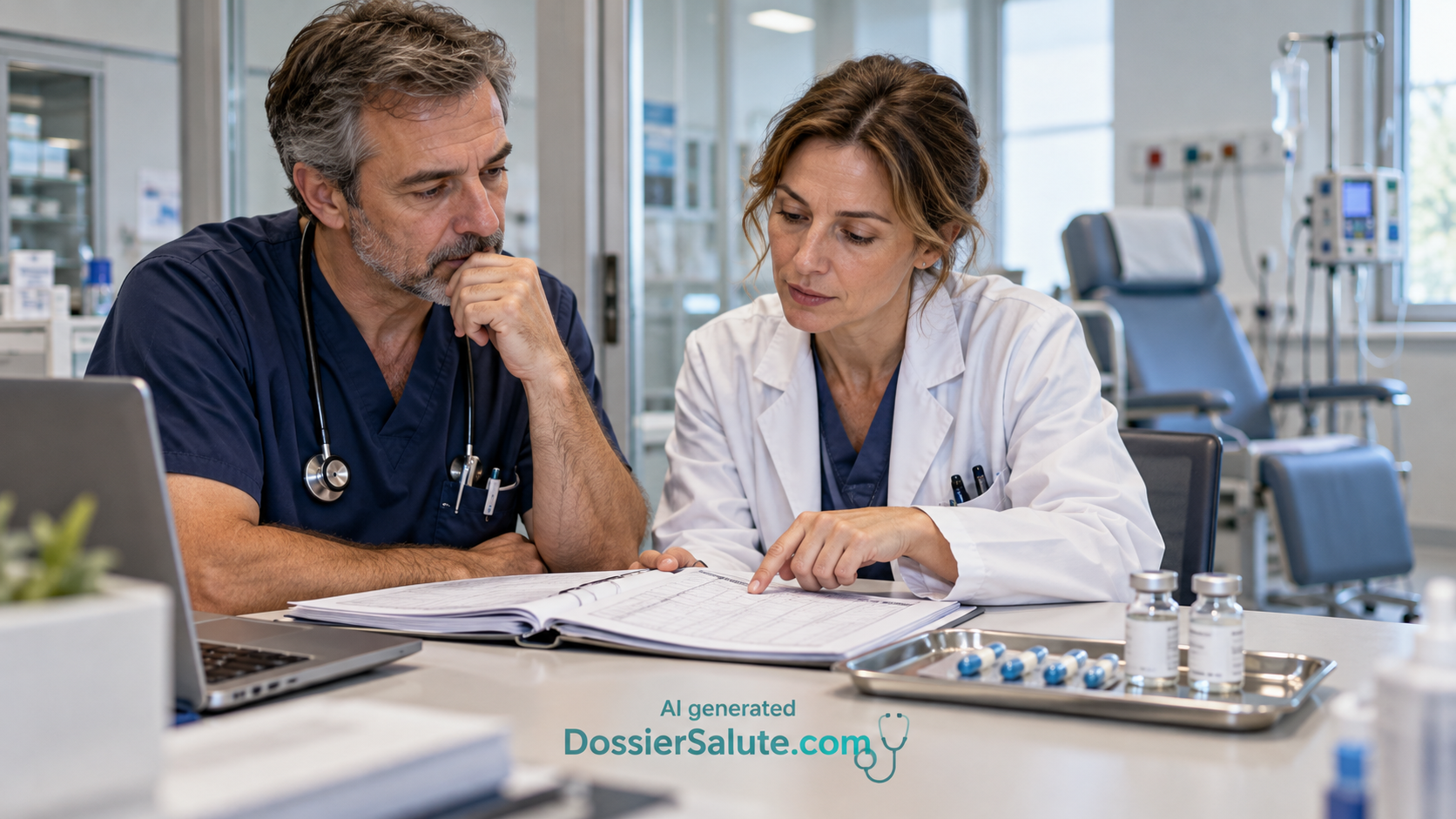 Due professionisti sanitari esaminano una cartella clinica, con capsule e flaconi sul tavolo e una poltrona infusionale sullo sfondo.
