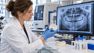 Ricercatrice con guanti confronta un modello dentale in gesso con una radiografia panoramica visualizzata sul monitor.