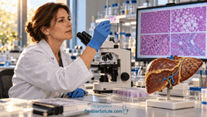 ricercatrice con vetrini, microscopio e modello anatomico del fegato
