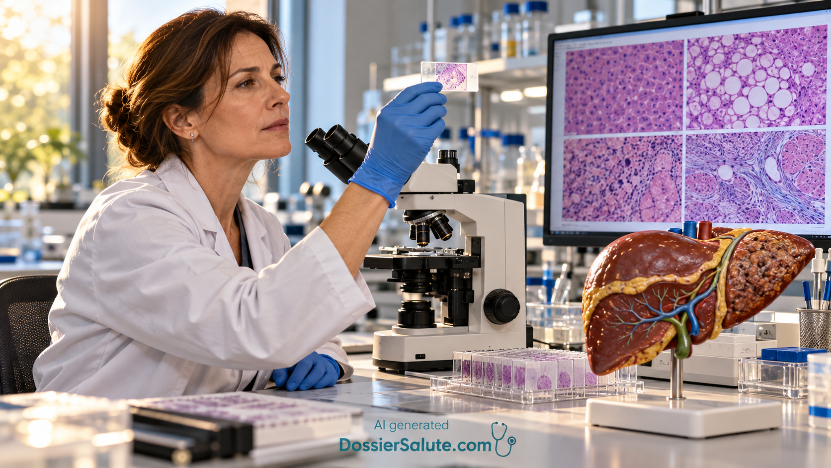 ricercatrice con vetrini, microscopio e modello anatomico del fegato