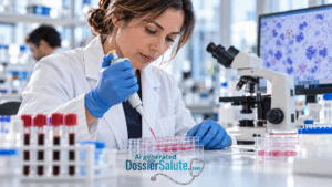 Ricercatrice utilizza una micropipetta su una piastra di coltura, accanto a provette di sangue e a un microscopio.