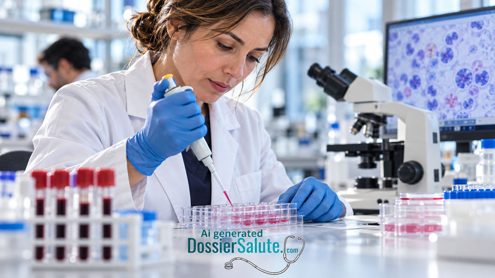 Ricercatrice utilizza una micropipetta su una piastra di coltura, accanto a provette di sangue e a un microscopio.