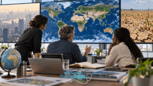 Tre ricercatori osservano una mappa mondiale affiancata da immagini di una città inquinata e di un terreno colpito dalla siccità.