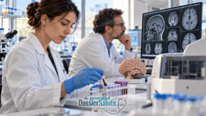 Ricercatrice prepara campioni di sangue mentre un collega osserva immagini cerebrali, accanto a un modello anatomico del cervello.