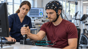 Uomo con cuffia EEG stringe un dinamometro durante un test muscolare, osservato da una ricercatrice.