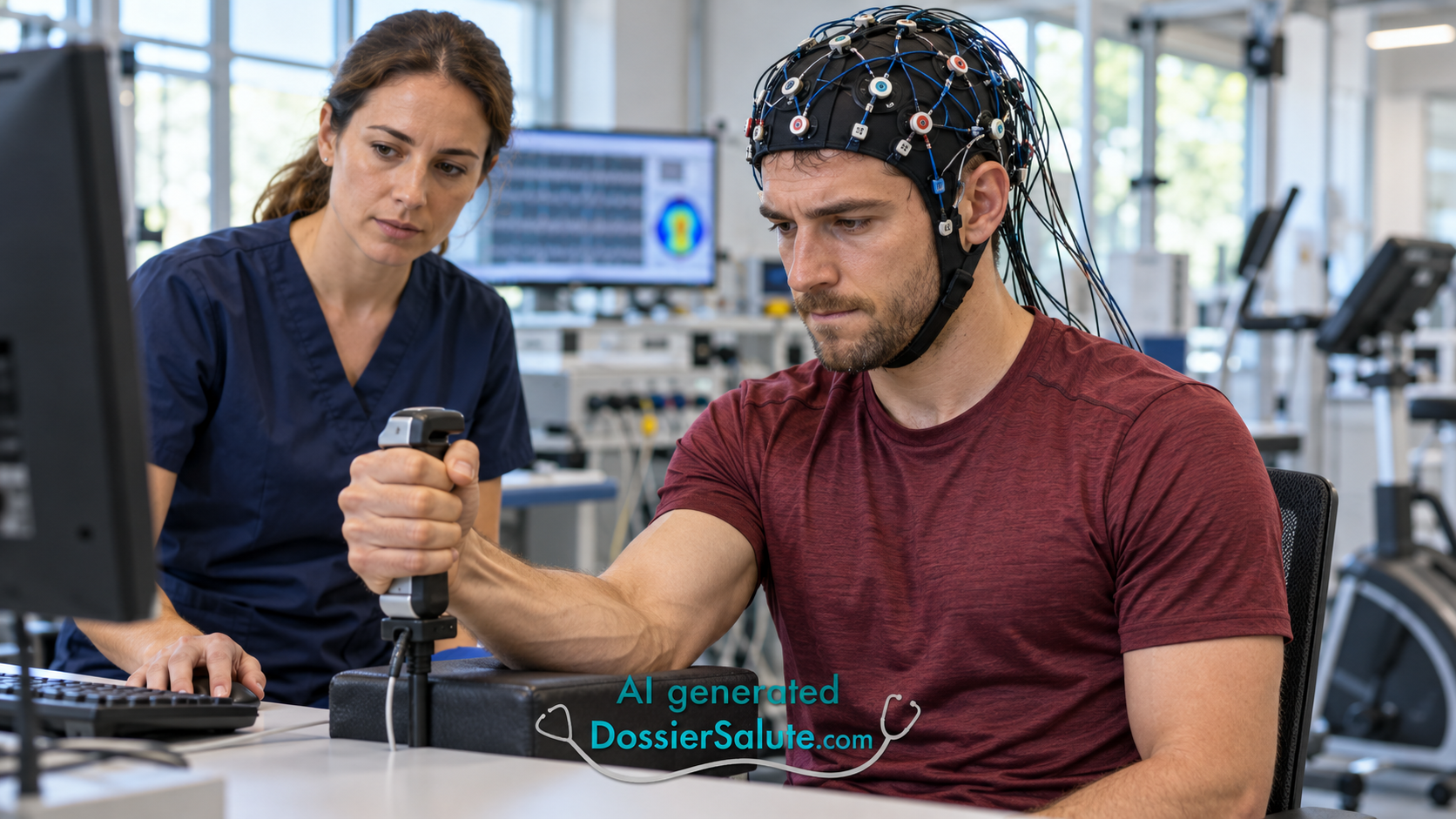 Uomo con cuffia EEG stringe un dinamometro durante un test muscolare, osservato da una ricercatrice.