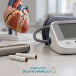Dispositivo a tabacco riscaldato con due stick accanto a un misuratore di pressione e a un modello anatomico del cuore.