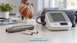 Dispositivo a tabacco riscaldato con due stick accanto a un misuratore di pressione e a un modello anatomico del cuore.