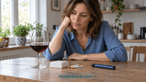 Donna seduta al tavolo osserva un calice di vino, due sigarette e una sigaretta elettronica.
