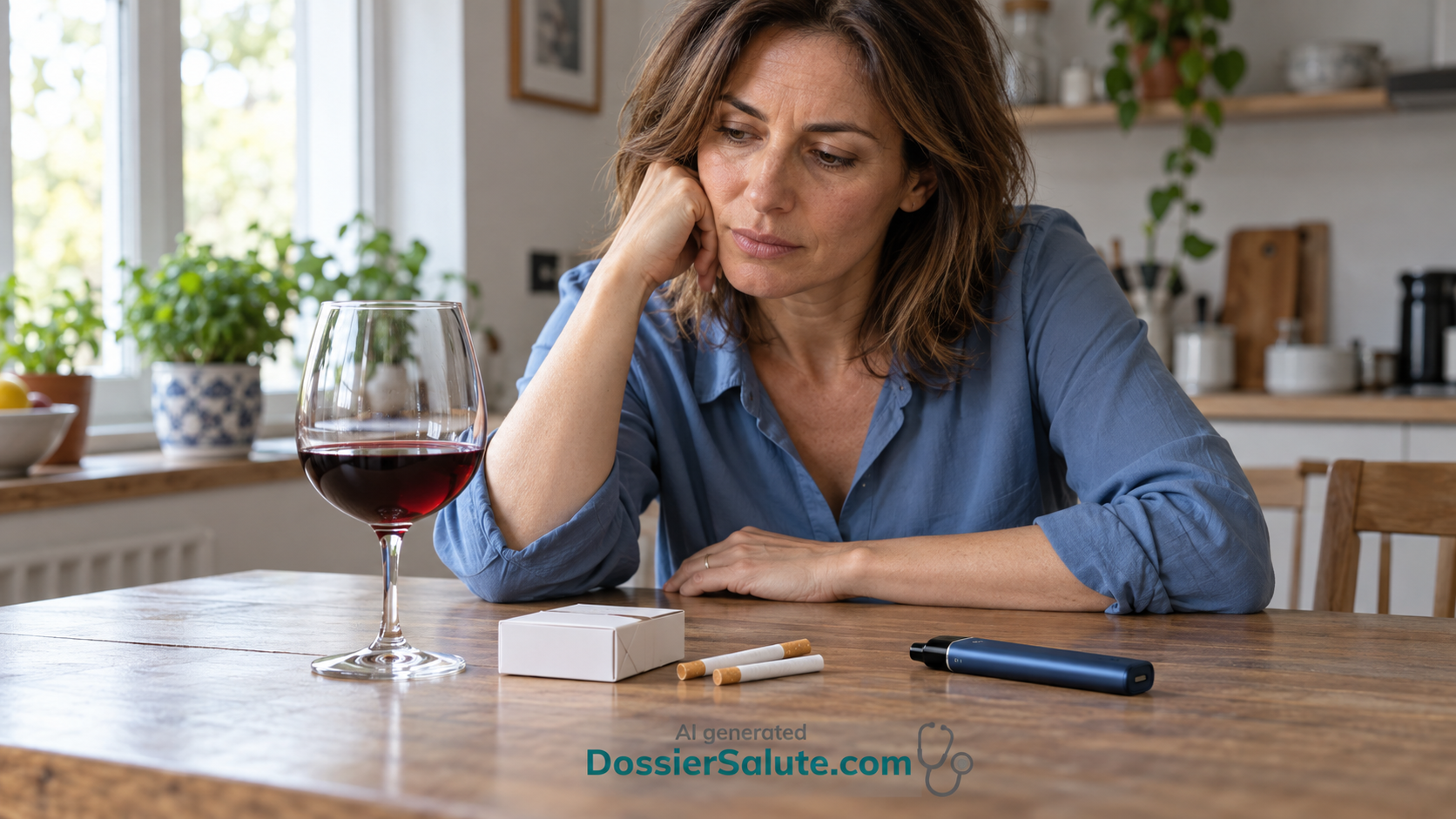 Donna seduta al tavolo osserva un calice di vino, due sigarette e una sigaretta elettronica.