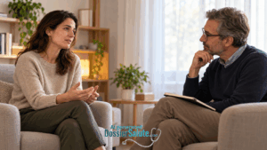 Donna adulta parla con uno psicoterapeuta che la ascolta durante un colloquio in uno studio accogliente.