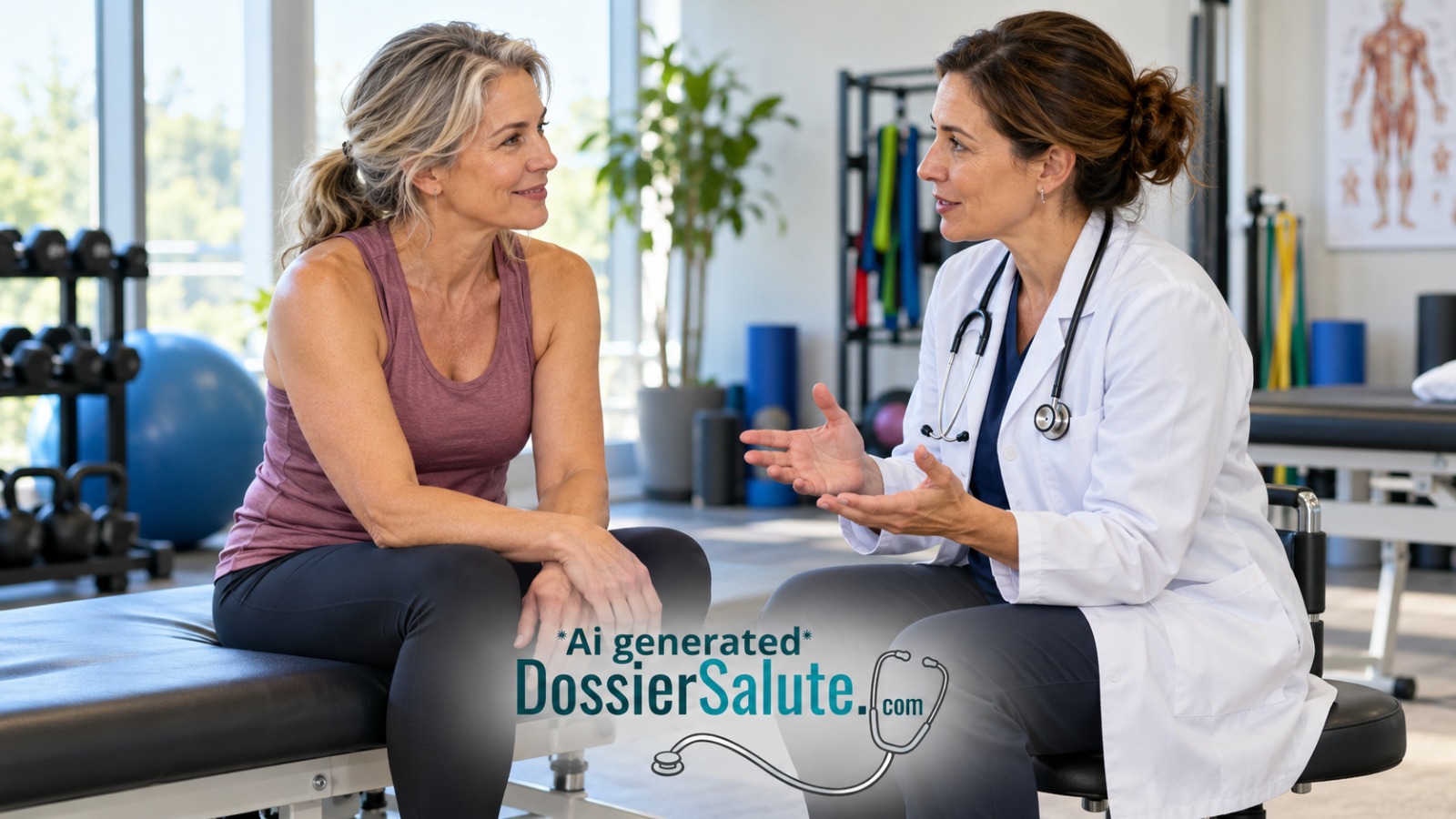 Medico dello sport parla con una donna in menopausa durante una consulenza in un ambiente dedicato all’attività fisica e alla riabilitazione.