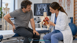 Medico mostra a un paziente un modello anatomico del bacino con muscoli e nervo sciatico durante una visita per dolore nella zona glutea e lombare.