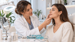 Medico di medicina estetica esamina il viso di una giovane donna durante una consulenza preventiva sulla salute e sulla cura della pelle.
