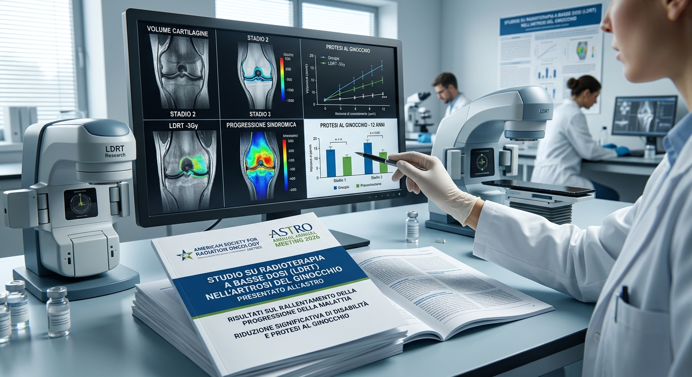 Medico in laboratorio analizza dati e radiografie di un'artrosi del ginocchio legati a uno studio sulla radioterapia a basse dosi (LDRT).