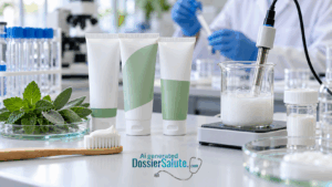Tubetti di dentifricio alle erbe, foglie di menta e salvia e uno spazzolino accanto a strumenti per analisi di laboratorio.