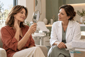 Donna osserva il proprio viso in uno specchio e tocca la mandibola durante un colloquio con una medica estetica.