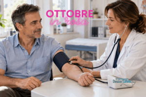 Dottoressa misura la pressione arteriosa a un uomo adulto durante una visita in ambulatorio.
