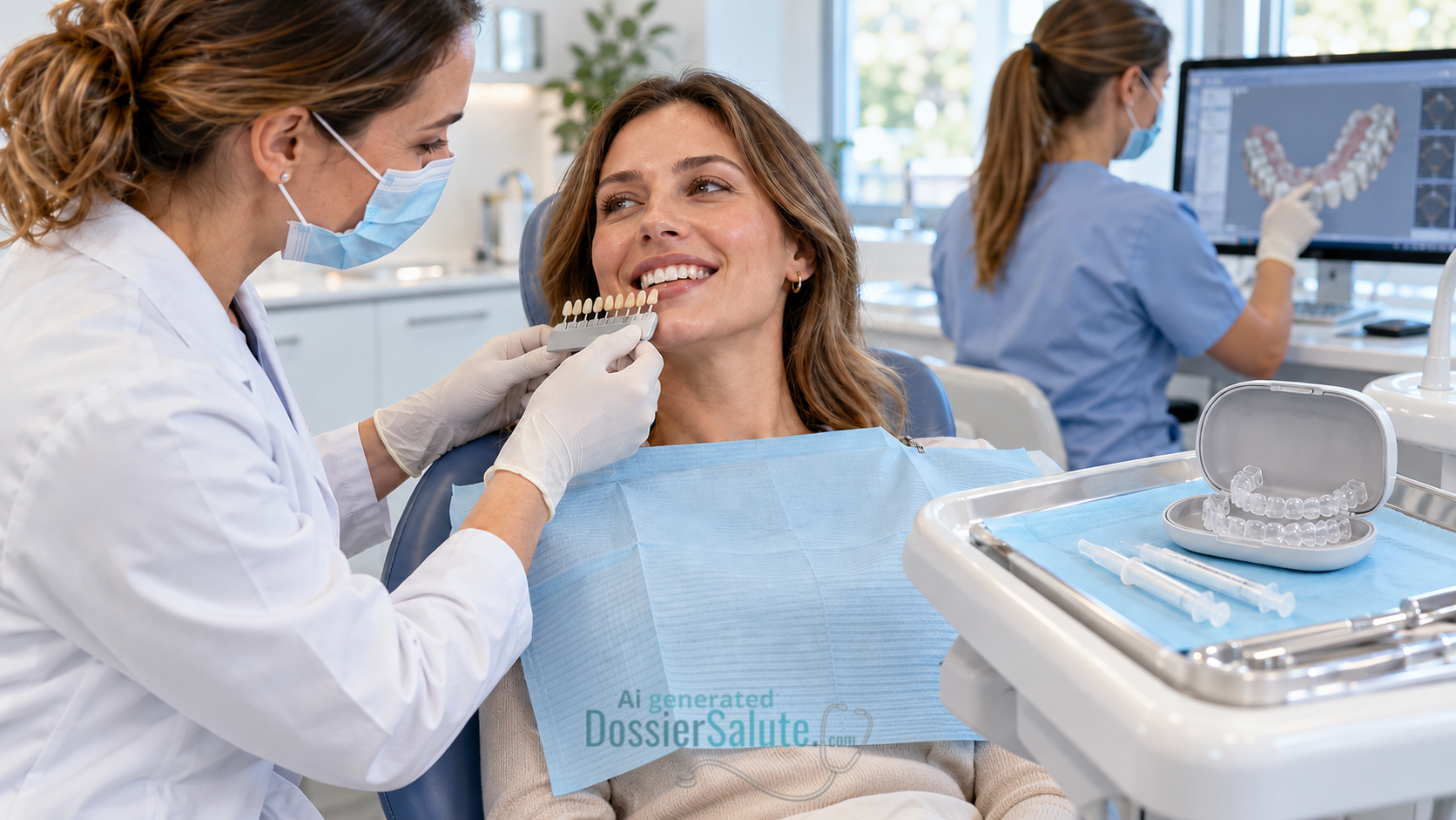 Dentista valuta il colore dei denti di una paziente accanto a mascherine personalizzate per lo sbiancamento domiciliare.