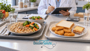 Due vassoi a confronto: pollo, riso e verdure da un lato; nuggets, pane confezionato e dolce dall’altro.